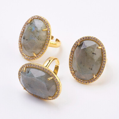 

Natural Labradorite Adjustable Finger Ring Oval Size 7 Golden 17mm