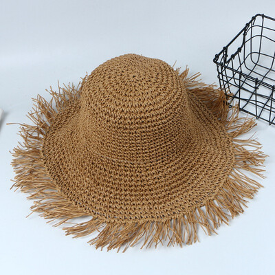 

New spring&summer sun hat women travel hand-crochet edgy straw hat foldable sun hat large eaves solid-colored beach hat