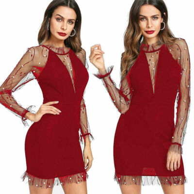 

Sexy Women Long Sleeve Pearl Mesh Bodycon Mini Dress Cocktail Party Clubwear USA