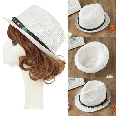 

Unisex Men Women Straw Fedora Hat Rivet Short Rolled Brim Retro Panama Style Trilby Cap Homburg White