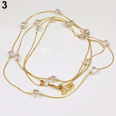 

Women Square Rhinestones Beads 2 Layers Golden Alloy Chain Long Sweater Necklace
