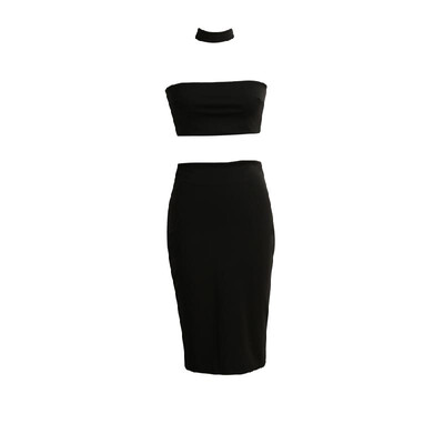 

New Women Two-Piece Set Off Shoulder Back Zipper Closure Halterneck Crop Top Midi Skirt Set WhiteBlackDark Green