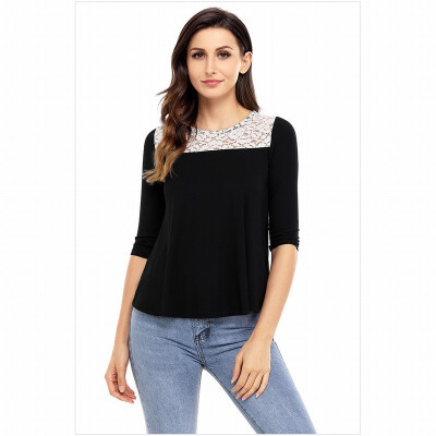 

Multicolor round neck cropped sleeves back hollow neck button lace stitching top