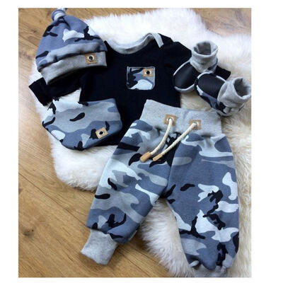 

Newborn Infant Baby Boy Casual Top T-shirtCamo Pants Beanie Hat Outfit Clothes Set 0-24M