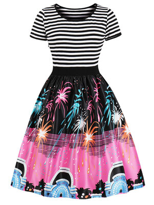 

Striped Fireworks Print Fit&Flare Dress