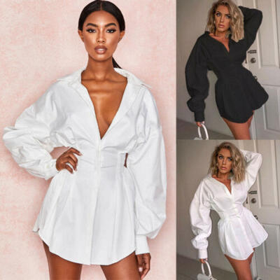 

US Womens Sexy Deep V T-Shirt Long Sleeve Casual Loose Shirt Waist Mini Dress
