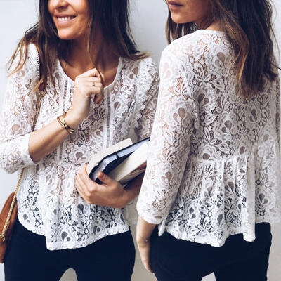 

Fashion Casual Womens Long Sleeve Loose Blouse Shirt Summer Lace Tops T-Shirt White  M L XL