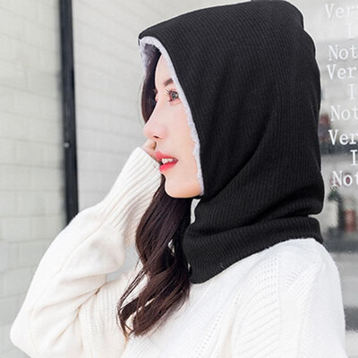 

Winter Outdoor Sports Men Women Hood Snood Fleece Lined Solid Color Unisex Dual-Use Mask Hooded Scarf Neck Warmer Cap