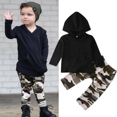 

UK 2PCS Infant Kid Baby Boy Hooded Tops Sweatshirt Hip-hop Camo Pants Outfit Set