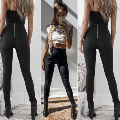

Women Zipper High Waist Stretchy Leather Trousers Slim Pencil Pants Leggings