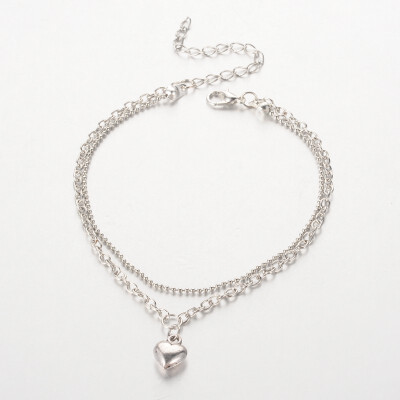 

Tibetan Style Heart Charm Anklets with Iron Chains&Zinc Alloy Lobster Claw Clasps Platinum 230mm