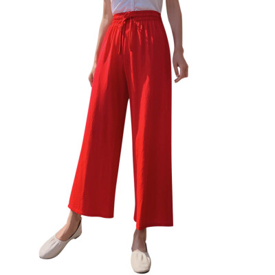 

Fashion Women Cotton Linen Blend Long Pants Casual Wide Leg Beach Loose Trousers