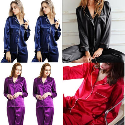 

Ladies Plain Pure Colors Silky Satin Pyjamas Long Sleeve Nightwear Silk PJS