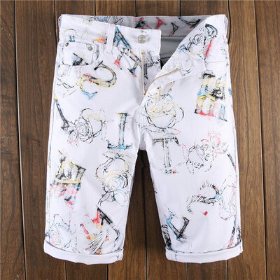 

Gobestart New Fashion Mens Casual Personality Printing Slim Fit Denim Jeans Short Pants