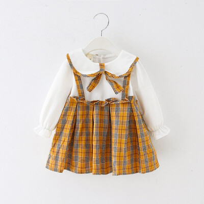 

Autumn Girl Dresses 1Y-4Y Casual Plaid Print Long Sleeve Fake 2Pcs Baby Girls Pageant Dress Kids Princess Dresses 3Colors