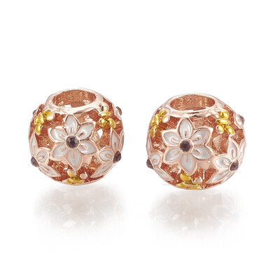 

Alloy Enamel European Beads with Rhinestone Hollow Large Hole Beads Rondelle with Flower Golden & Rose Gold 11x10mm