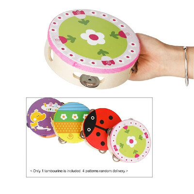

6" Handheld Tambourine Hand Drum Percussion Musical Toy with 4 sets Metal Jingles for Party Kids Games 1pc Pack 4 patterns Rand