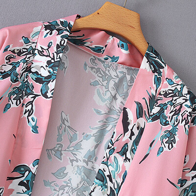

Women Kimono Cardigan Floral Print 34 Sleeves Boho Loose Long Bikini Cover Ups Beachwear