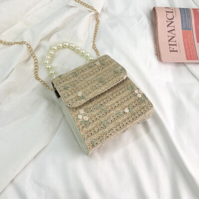 

Temperament Embroidered Chain Shoulder Messenger Bag 2019 Summer New Small Fresh Fairy Straw Pearl Tote Bag