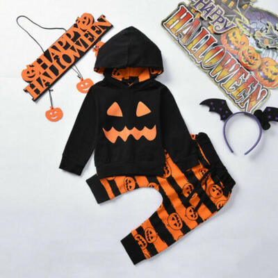 

US Toddler Baby Girl Boy Halloween Clothes Hooded Tops Stripe Long Pants Outfits
