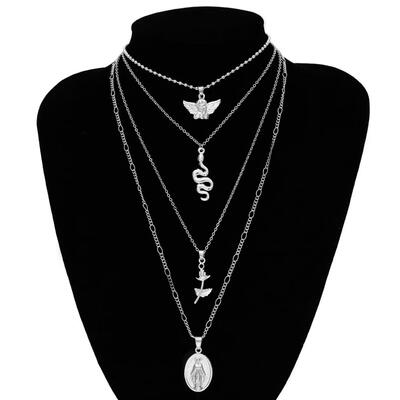 

2019 Fashion Gold Silver Multilayer Necklace Lady Virgin Mary Jesus Statement Chain Necklace Collier Pink Jewelry
