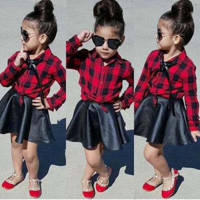 

UK Stock Toddler Kids Girl Plaid Tops Shirt Leather Skirt Dress 2Pcs Outfits Set