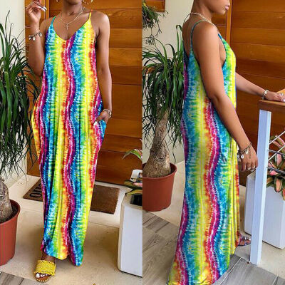 

Womens Holiday Spaghetti Strap V-neck Ladies Maxi Long Summer Boho Beach Dress