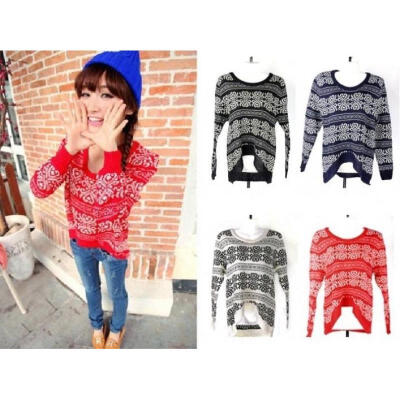 

Fashion Pullover Lady Sweater Round Neck Printing Knit Apricot Blue Red Black