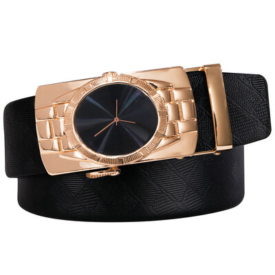 

New Fashion Mens Genuine Leather Black Belt Gold Automatic Buckle Belt Plus Size 110cm-160cm