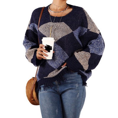 

2019 Autumn Winter Fashion Women Geometric patterns O-neck Long sleeves Casual Loose Knitted sweaters