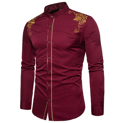 

men casual shirts long sleeve high quality hawaiian white slim fit shirt male flower mmbroidery overshirt camisa homme