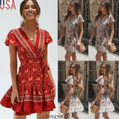 

Womens Boho Floral Chiffon Summer Party Evening Beach Short Mini Dress Sundress
