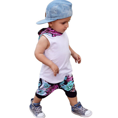 

Toddler Baby Boy Floral Hooded Vest TopsShorts Pants 2pcs Outfits Clothes Set