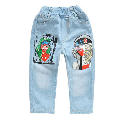 

Autumn Toddlers Infant Kids Denim Pants Baby Cartoon Print Long Pants Trousers Bottoms