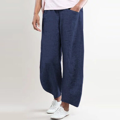 

Man Fashion Solid Color Cotton Flax Elastic Long Pants Beach Leisure Trousers