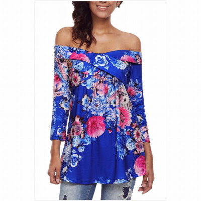 

Multi-color one-shoulder long-sleeved floral print retro straight top