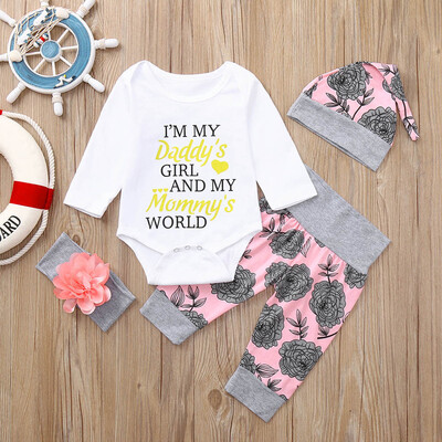 

Newborn Infant Baby Girl Letter Romper Tops Floral Pants Hat Outfits Set Clothes
