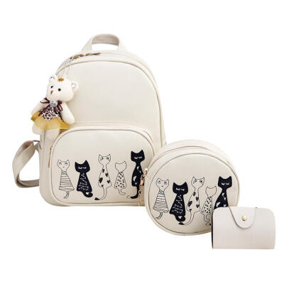 

3pcsSet Women Cat Print PU Leather Backpack Teenage Girls Shoulder Bookbag