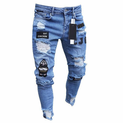 

SUNSIOM Men Stretchy Ripped Skinny Biker Jeans Destroyed Taped Patch Slim Denim Pants