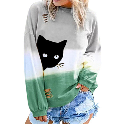 

Women Tie Dye Gradient Shirts Casual Broken Hole Round Neck Blouse