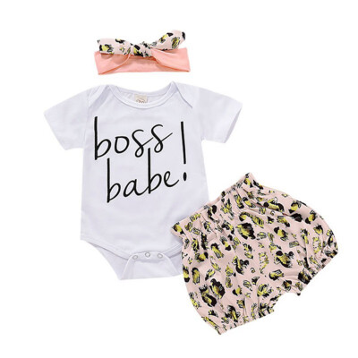 

Summer Baby Girl Casual Short Sleeve Letter Romper Tops Floral Shorts With Headband Outfits Set