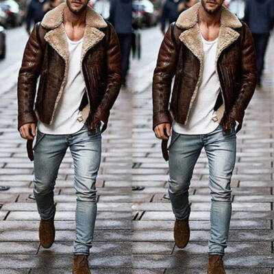 

Mens Aviator Brown Bomber Fur Collar Sheepskin Leather Jacket Peacoat Overcoat