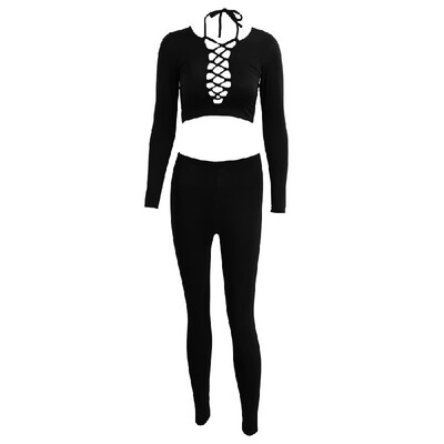 

New Sexy Women Two-Piece Set Crop Top Plunging V-Neck Bandage Cutout High Waist Long Pants Stretchy Clubwear