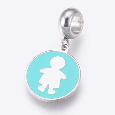 

304 Stainless Steel European Dangle Beads Large Hole Pendants with Enamel Flat Round with Boy Cyan Stainless Steel Color