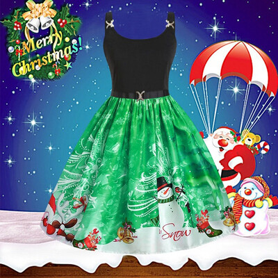 

Tailored Womens Fashion Straps Vintage Santa Claus Snowflake Print Christmas Dress