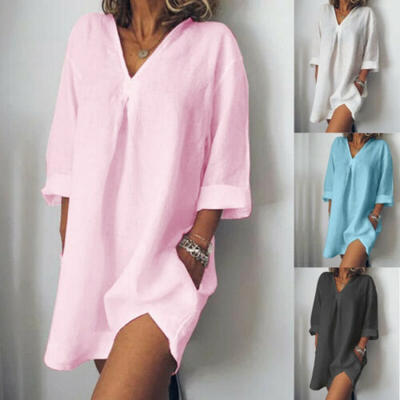 

Women Loose Dresses Cotton Linen Casual Blouse V Neck Long Sleeve Dress Shirts