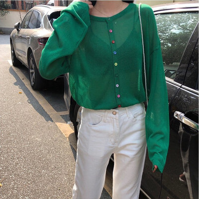

Women Summer Knitted Round Collar Button Long Sleeve Casual Knit Pullover Loose Solid Color Tops Fashion