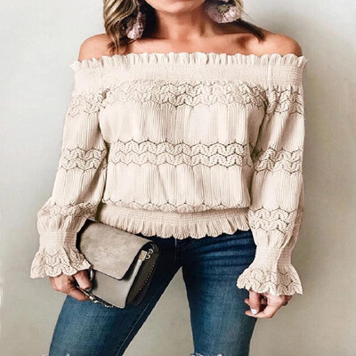 

Solid Eyelets Pleated Shirr Off-the-Shoulder Long Sleeves Blouse