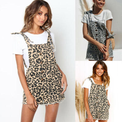 

Womens Casual Leopard Print Shorts Straps Overall Pants Romper Suspender Pocket