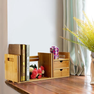 

Bamboo Wood Extendable Desk Tabletop Book Rack Bookshelves Bookcase Organizer with 2 DrawerTabletop Bookcase Tabletop Book Rack